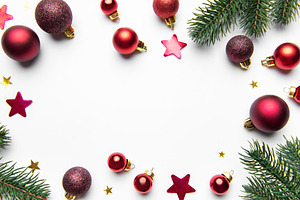 Christmas ornaments and fir branches forming a holiday frame, a Holiday Photo by Olena Rudo