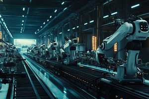 A futuristic factory scene featuring multiple robotic arms working on an assemb, an Arts & Entertainment Photo by Textures & Backgrounds