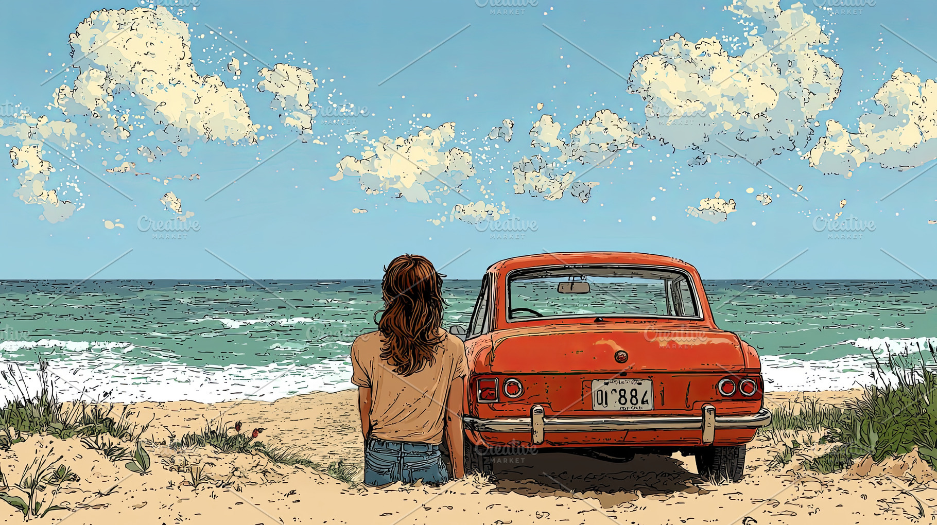 Person relaxing by a car near the ocean under a cloudy sky, a Photo by AS photostudio