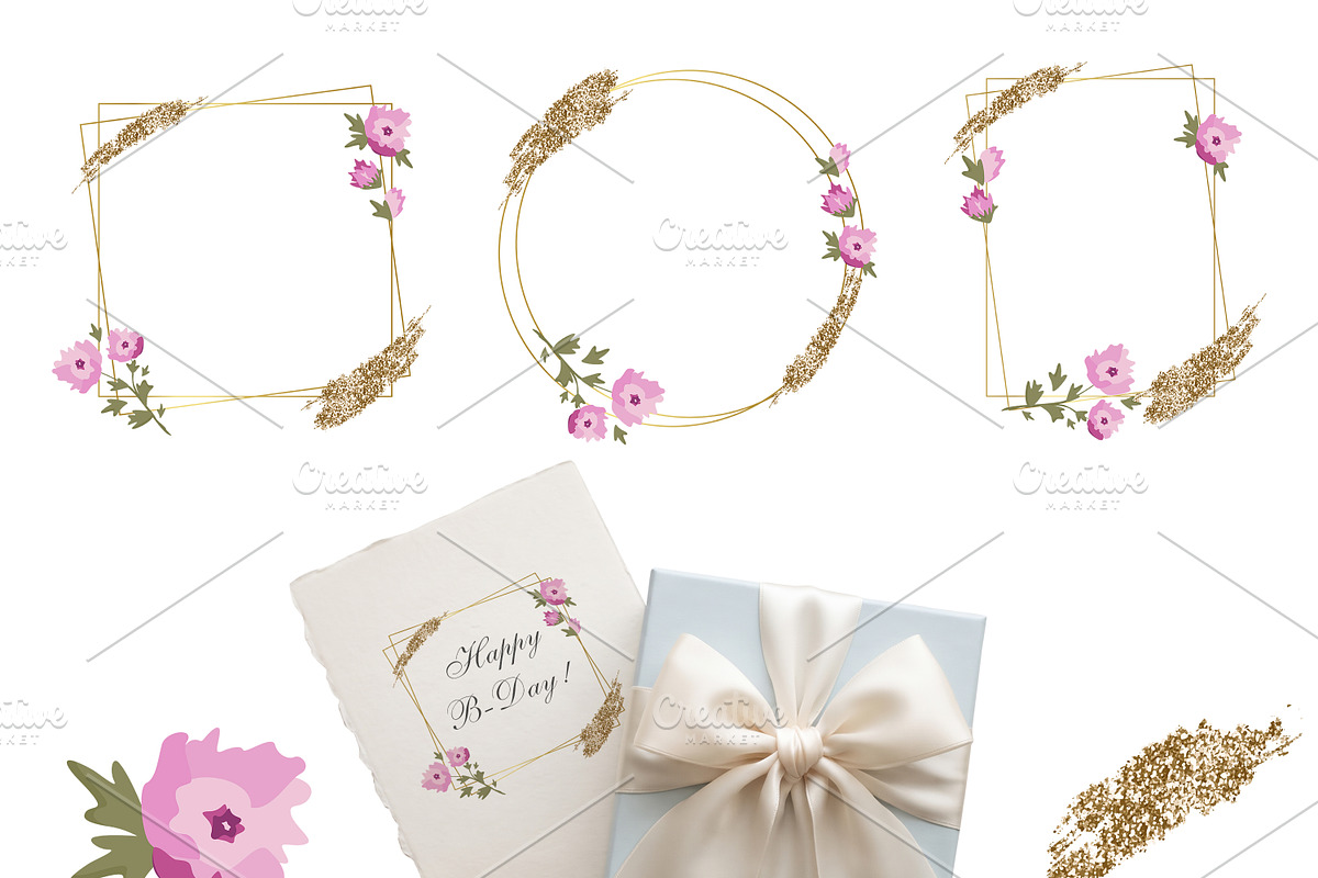 Pink Peony & Gold Frames Clipart, an Object Graphic by Nadia Semyroz (Photo 3 of 7)