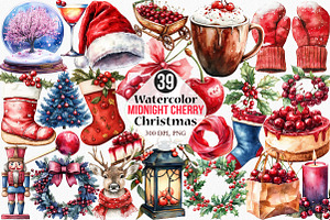 Midnight Cherry Christmas Clipart, an Illustration by Canvas Craft