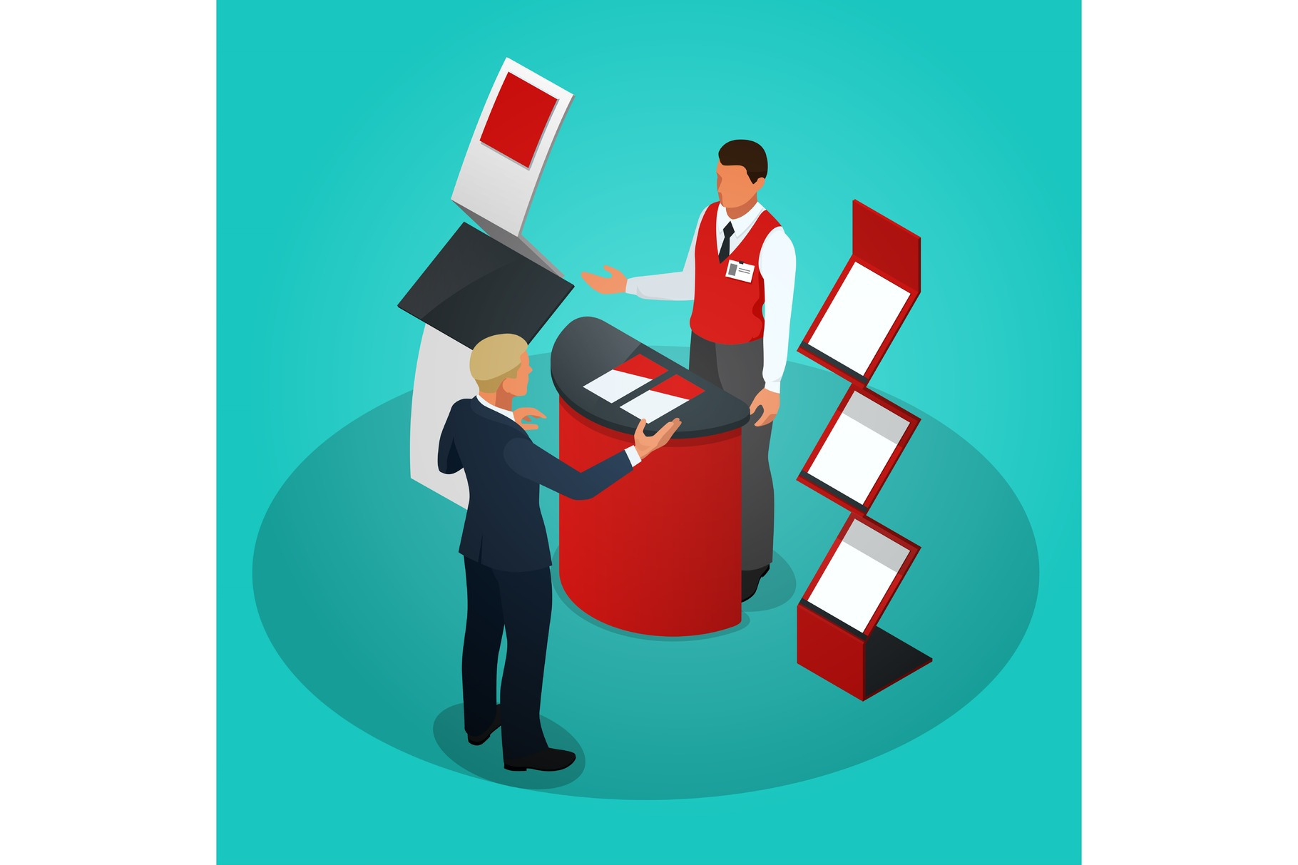 Isometric Promotional Stands Or Exhibition Stands Including Display Desks Shelves And People With Products And Handout by Golden Sikorka