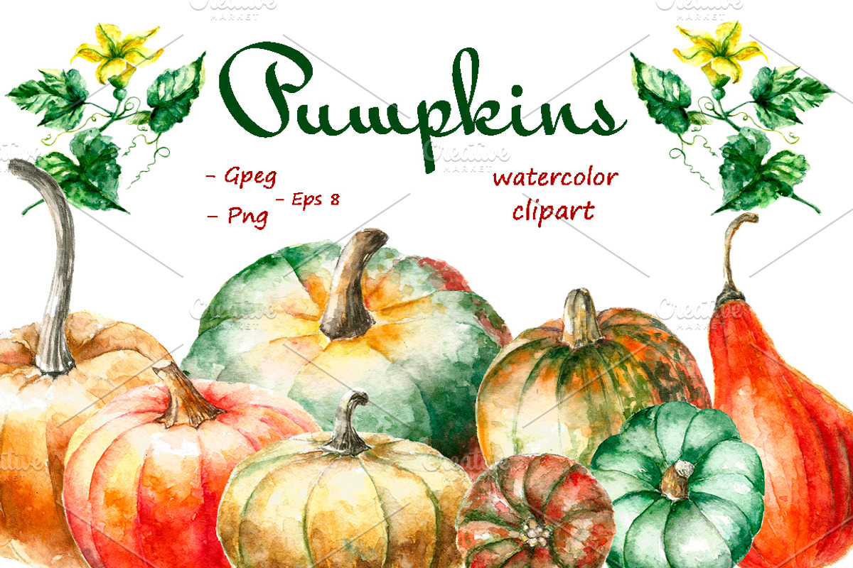 Watercolor Pumpkins Clipart, an Illustration by Vikeriya (Photo 1 of 3)