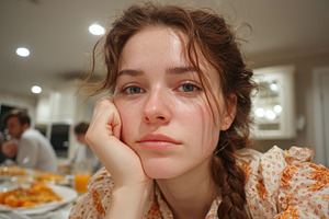 Young woman with thoughtful expression sitting at a family dinner table, a Photo by AS photostudio