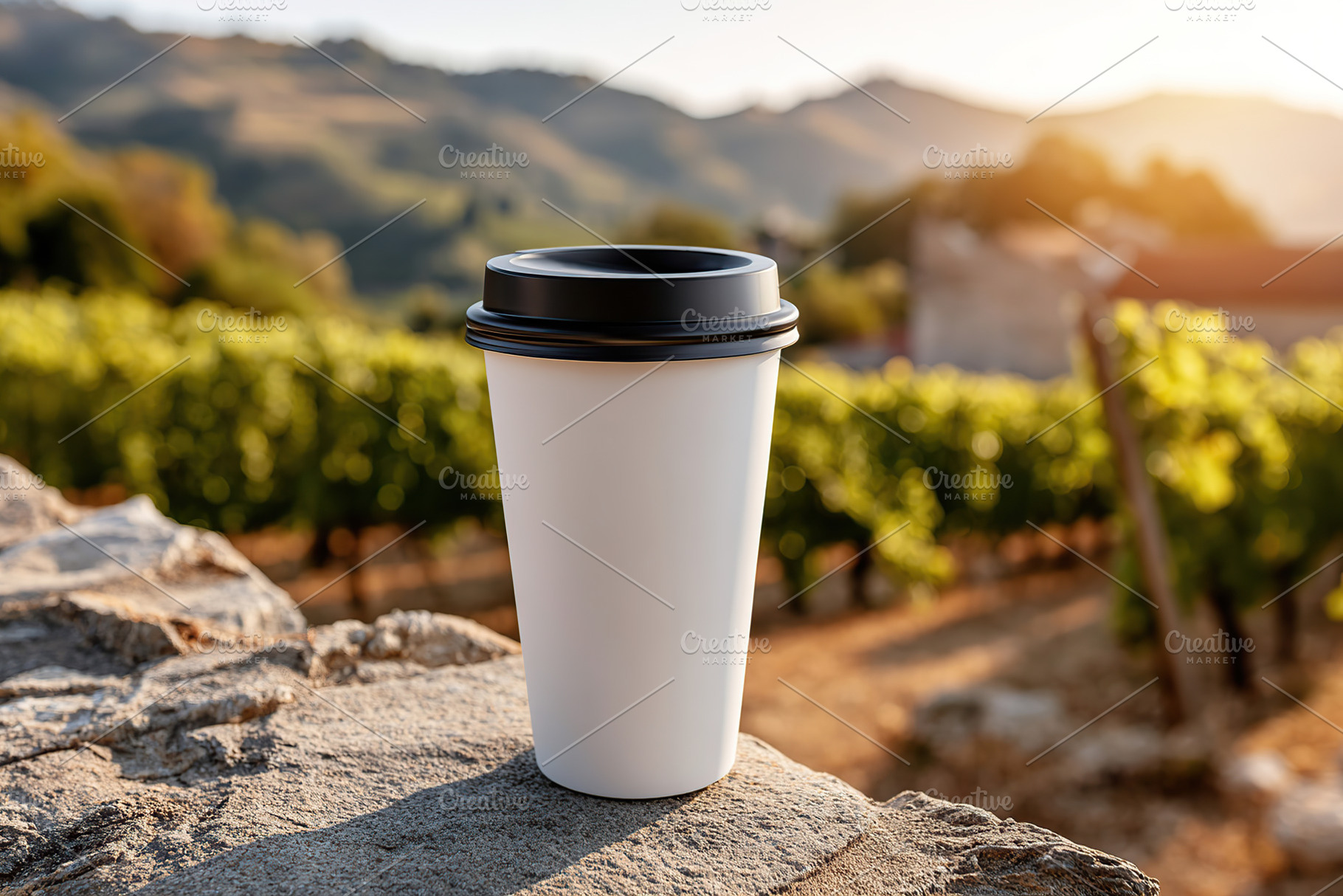 Coffee cup mockup resting on a stone wall with vineyards in the background duri, a Food & Drink Photo by AlyaAnd