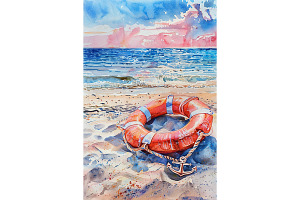 Life Ring and Anchor on Beach Art, an Animal Illustration by Art Paradise Studios