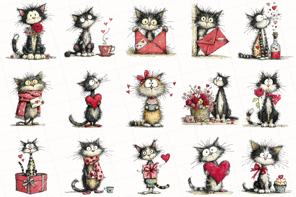 Whimsical Valentine Cat Clipart, an Illustration by OK Design (Photo 3 of 6)