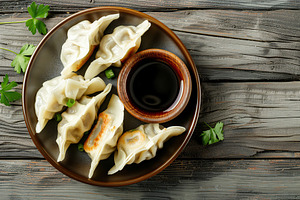 Homemade meat dumplings on wooden table, a Food & Drink Photo by AlyaAnd