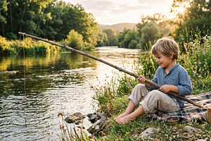 Young Boy Fishing Beside a Peaceful River, a Sports & Recreation Photo by Davizro's Market