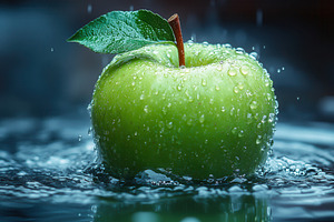 Fresh green apple splashes in water, a Photo by Tanuart