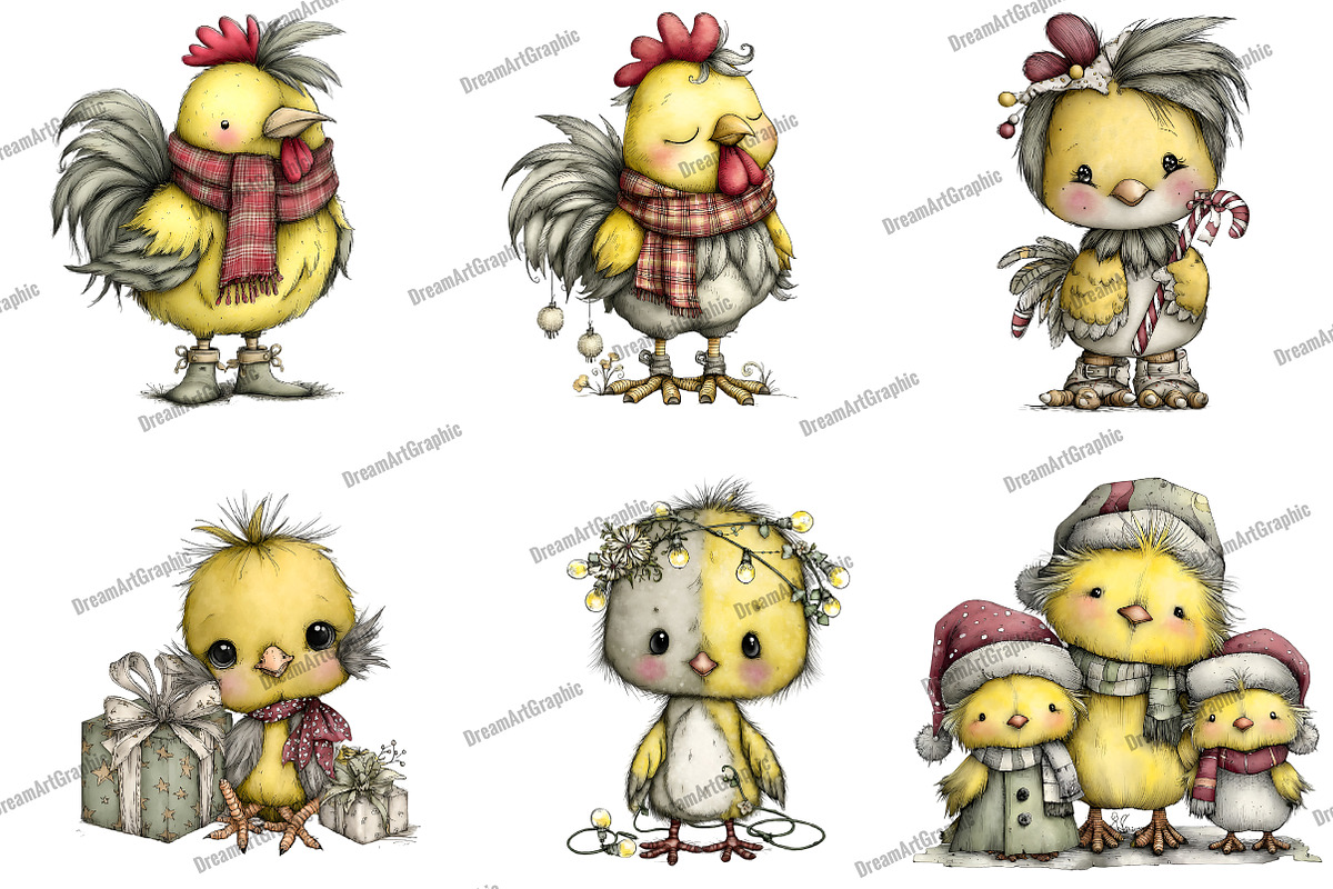 Whimsical Christmas Chickens Clipart, an Illustration by DreamArtGraphic (Photo 2 of 4)