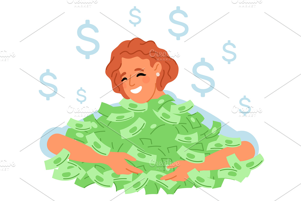 Joyful girl hugs pile of money, a Person Illustration by Vectorbuum