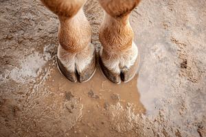 Horse hooves standing in muddy ground after rainfall in rural area, an Animal Photo by AlyaAnd