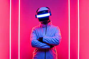 Futuristic VR experience in a neon-lit space, a Technology Photo by OSORIOartist