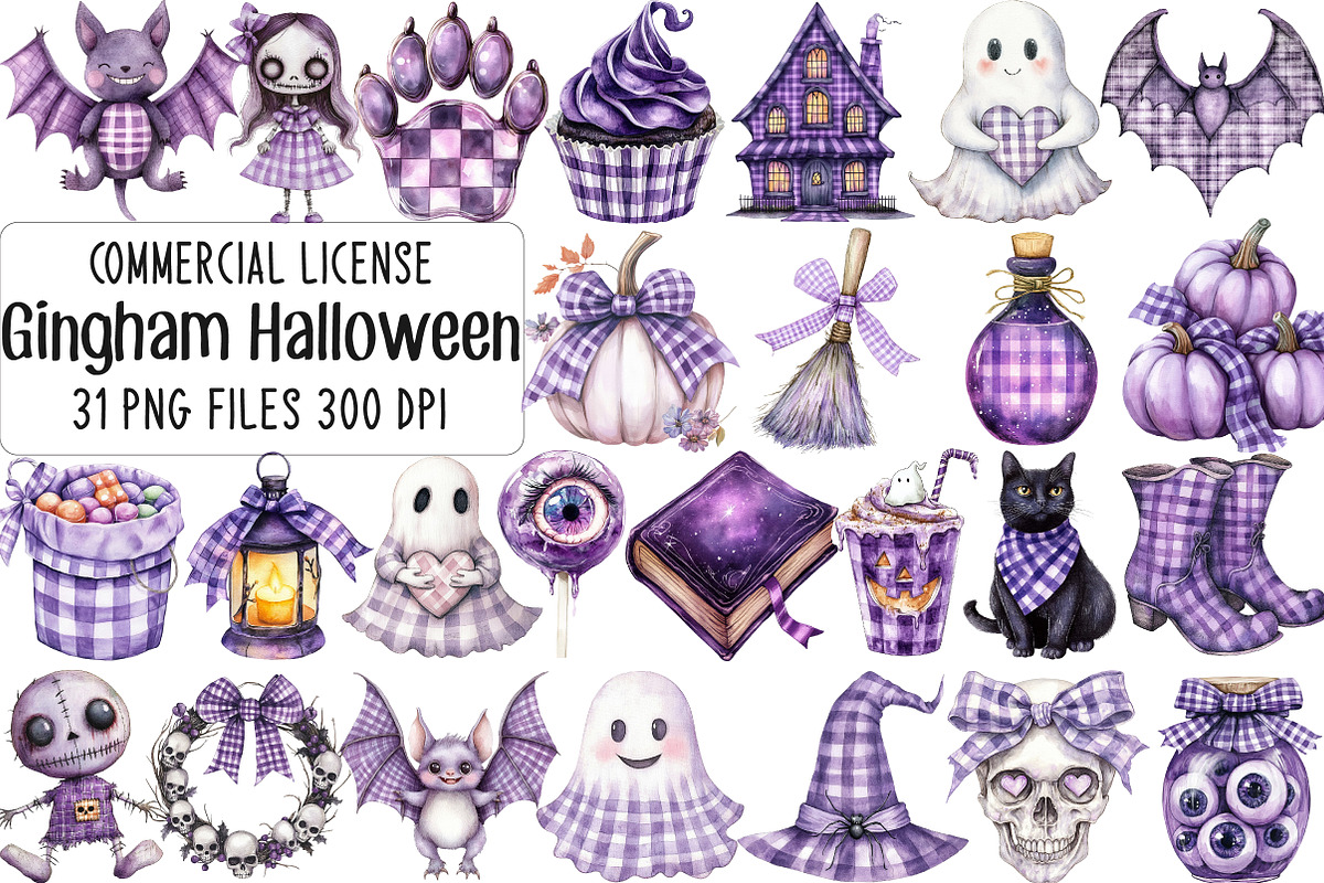 Purple Gingham Halloween Clipart, an Illustration by CraftArtStudio (Photo 1 of 6)