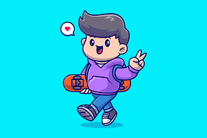 Cute Boy Holding Skateboard Cartoon, a Person Illustration by Catalyst Labs