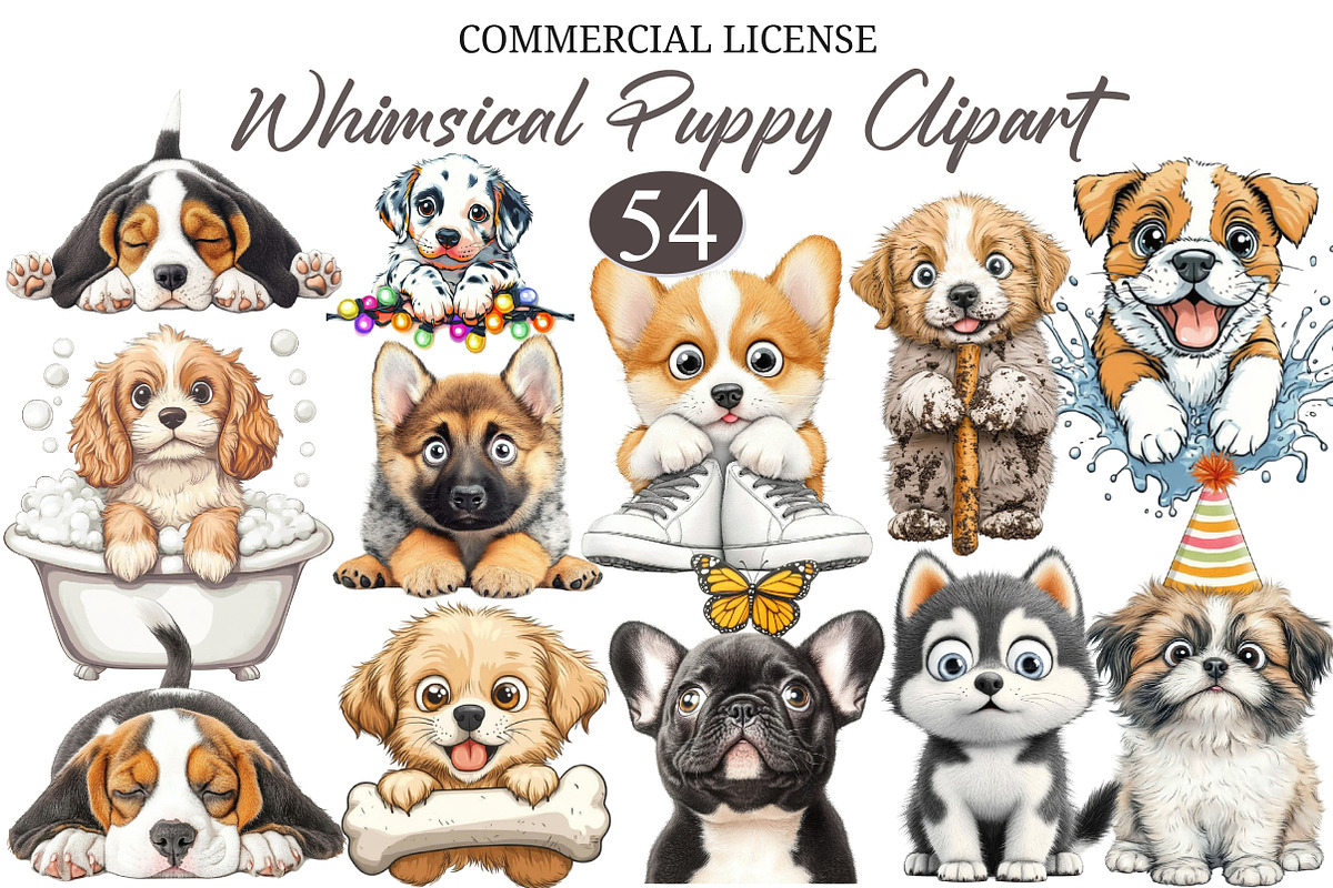 Funny Whimsical Puppy Clipart, a Seasonal Illustration by designcity5 (Photo 1 of 5)