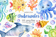 Watercolor Underwater Clipart, an Animal Illustration by OllyKo Art (Thumbnail 1 of 6)