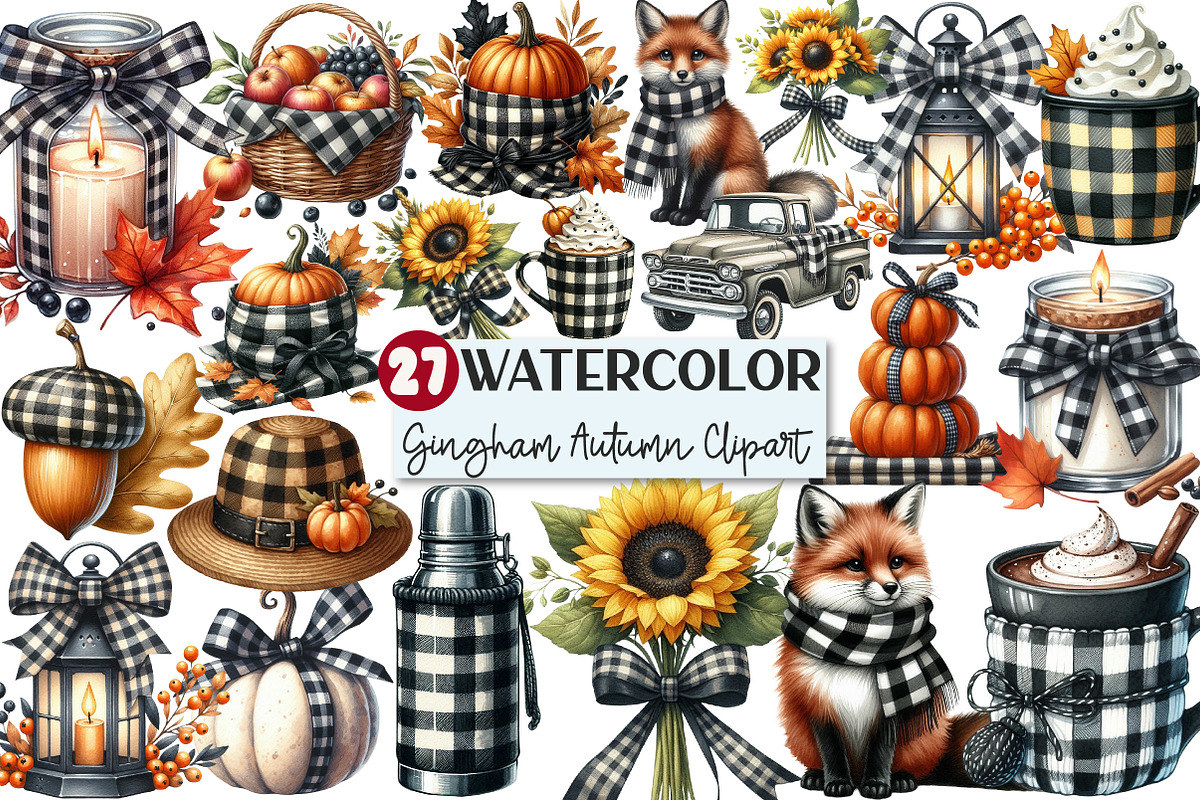 Watercolor Black Gingham Autumn Clip, an Illustration by Rose Art (Photo 1 of 5)
