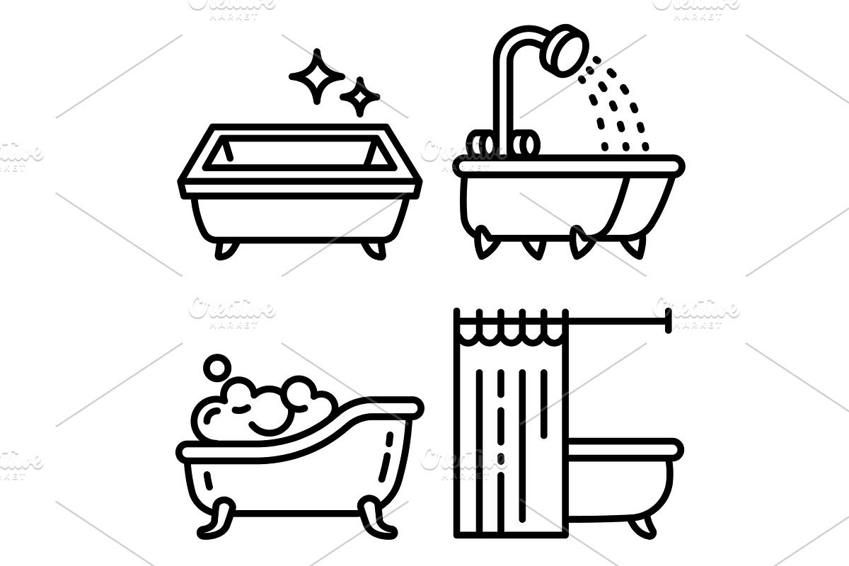 Bathtub icons set, outline style, an Object Illustration by Ylivdesign