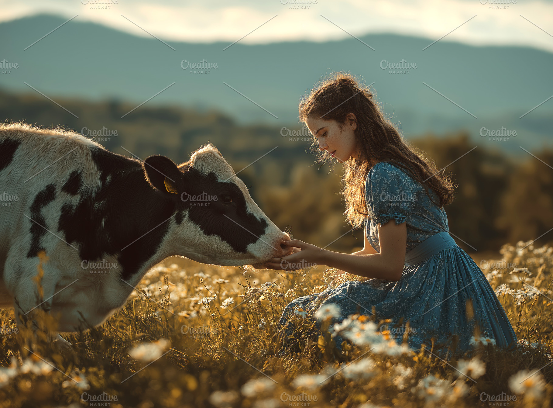 Woman Feeding Cow in Scenic Meadow, a Nature Photo by Ocean Digital Art
