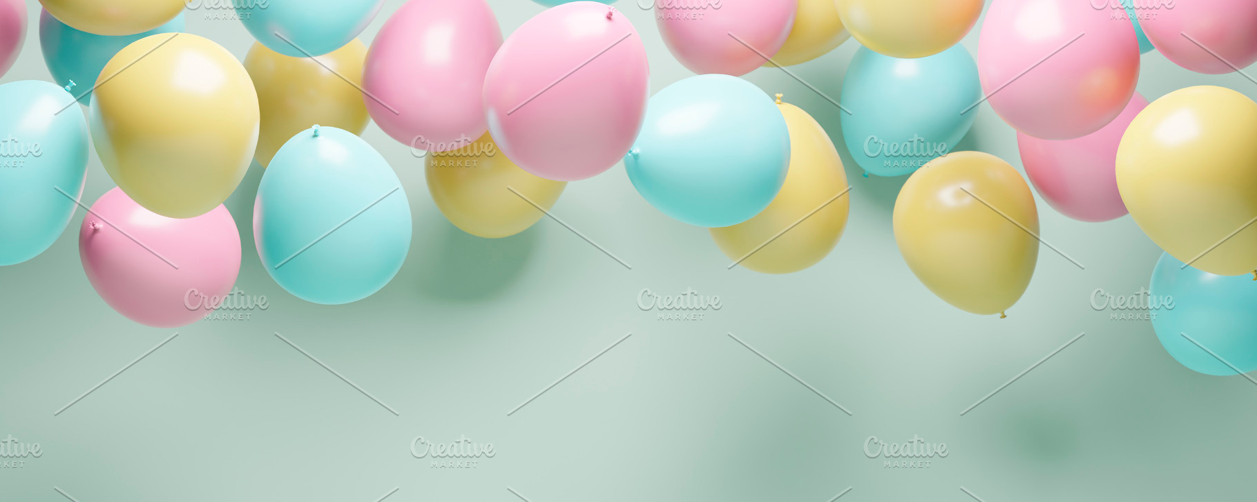 Colorful helium balloons on retro mint pastel background. Birthd, a Holiday Photo by hitdelight