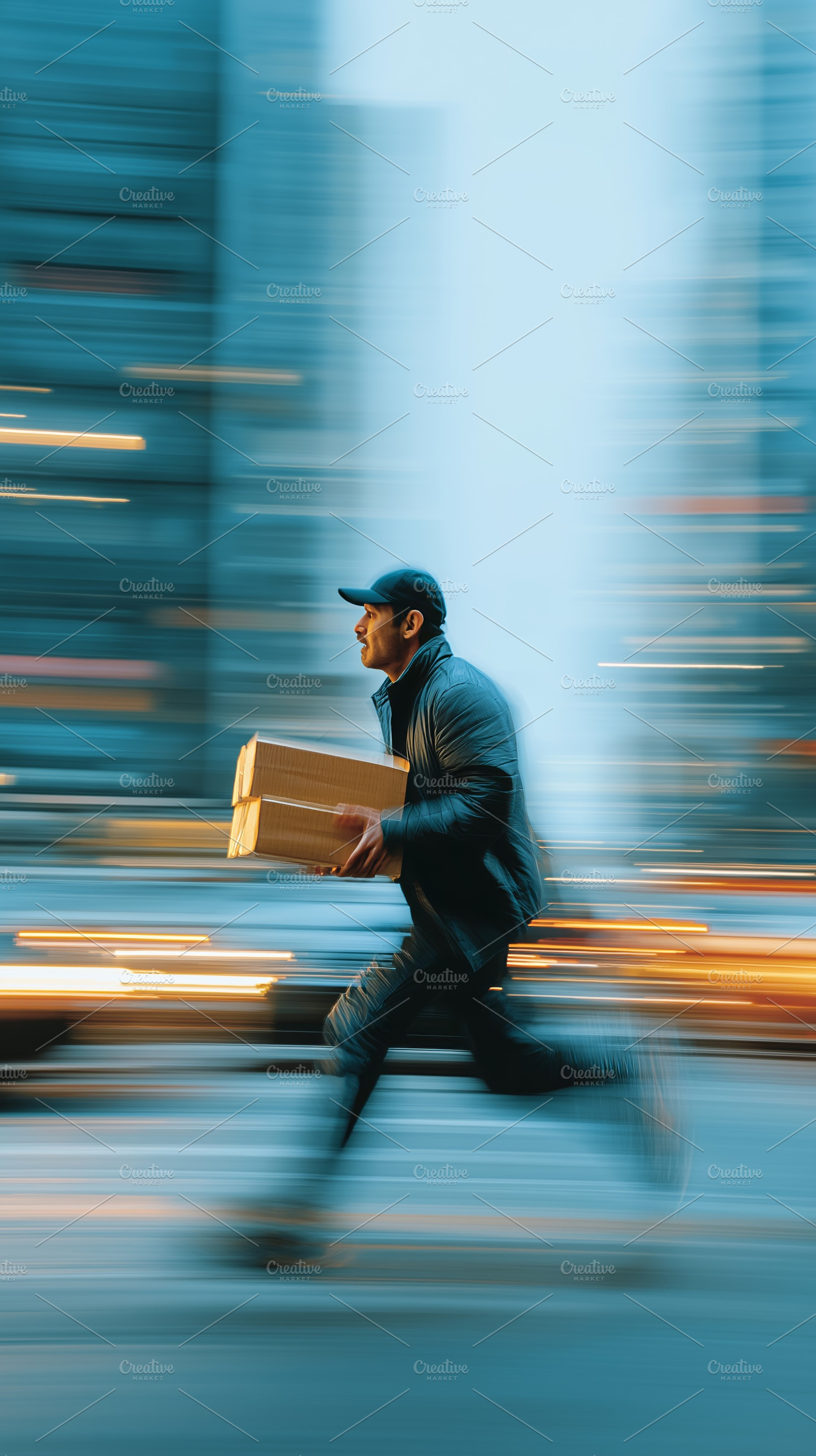 Urban Delivery Courier Running Through City with Package During Rush Hour, a Person Photo by Ocean Digital Art
