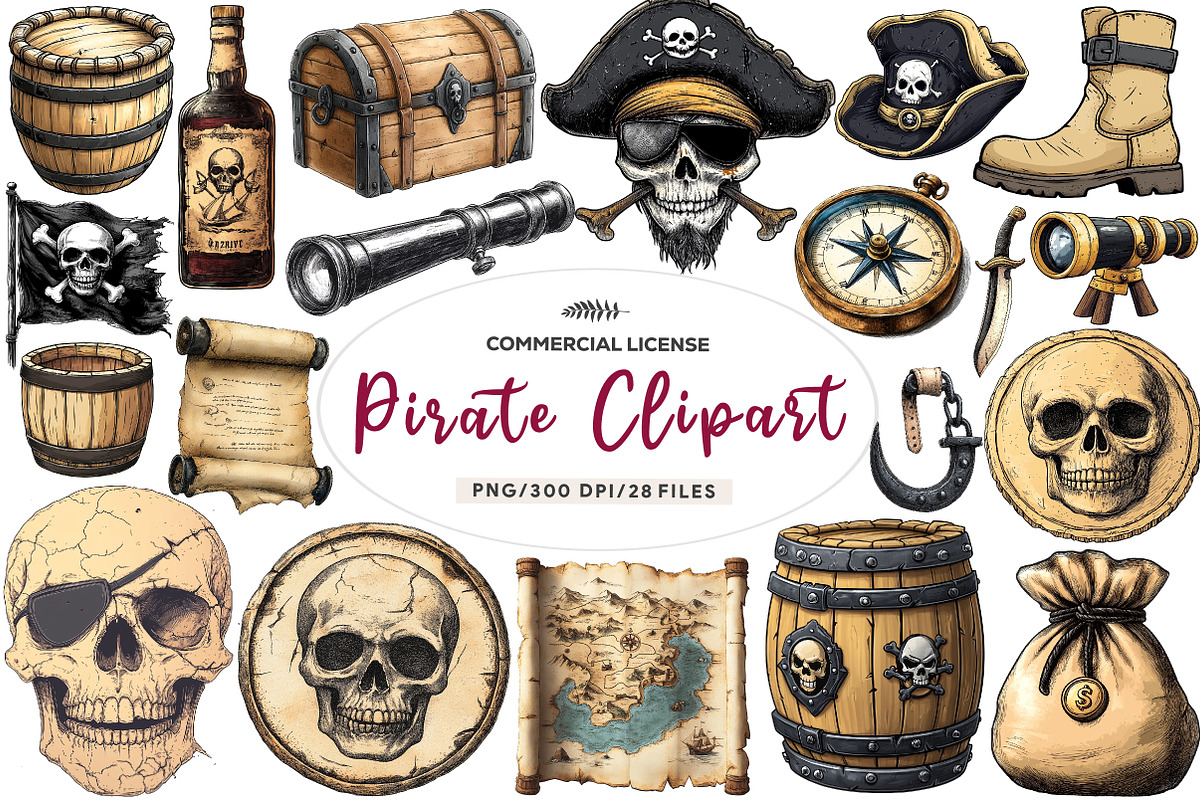 Watercolor Pirate Clipart Bundle, an Illustration by CreationArt (Photo 1 of 5)