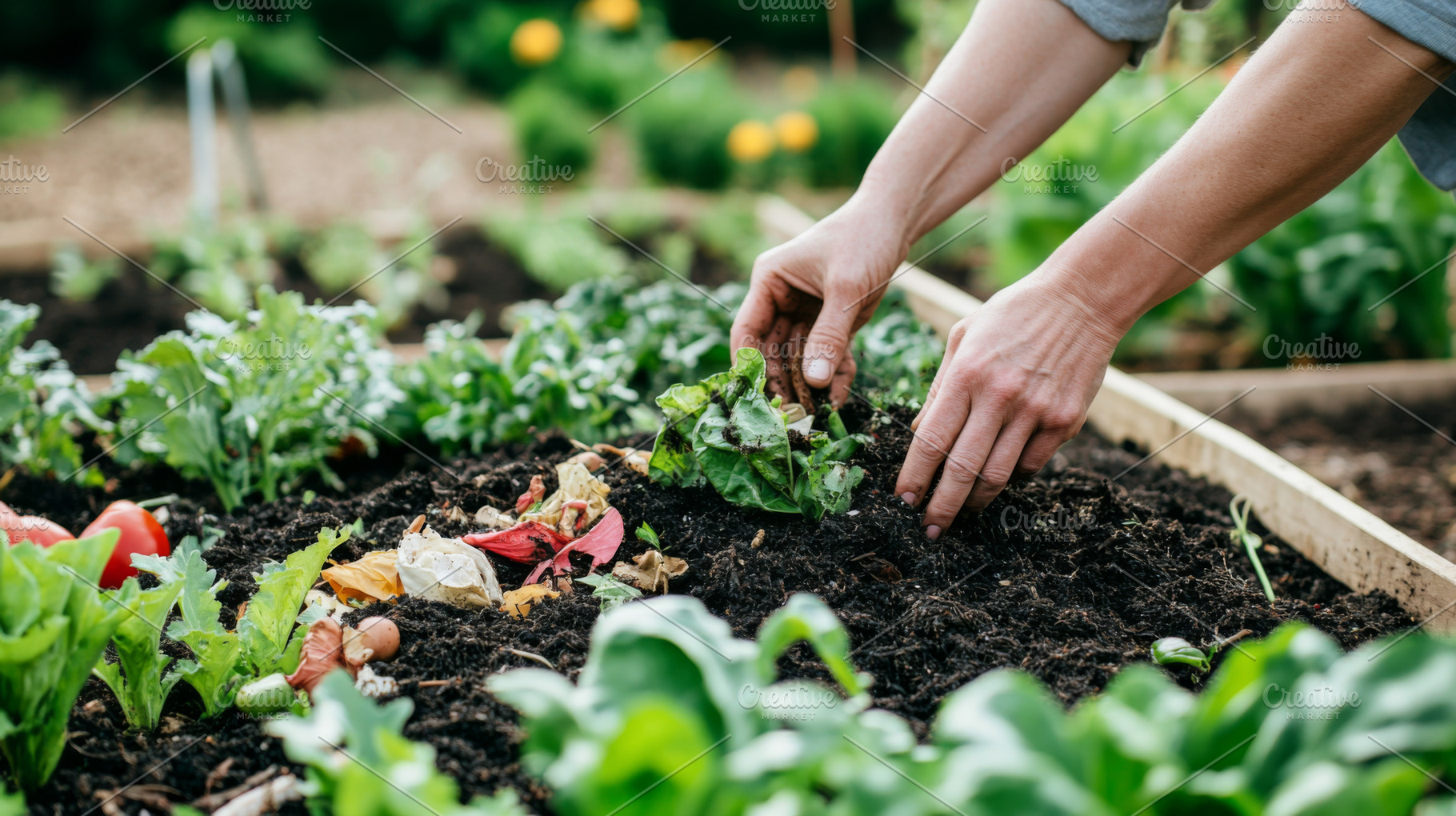 Hands Gardening with composting in vegetable bed showcasing sust, a Photo by Dvoevnore photos