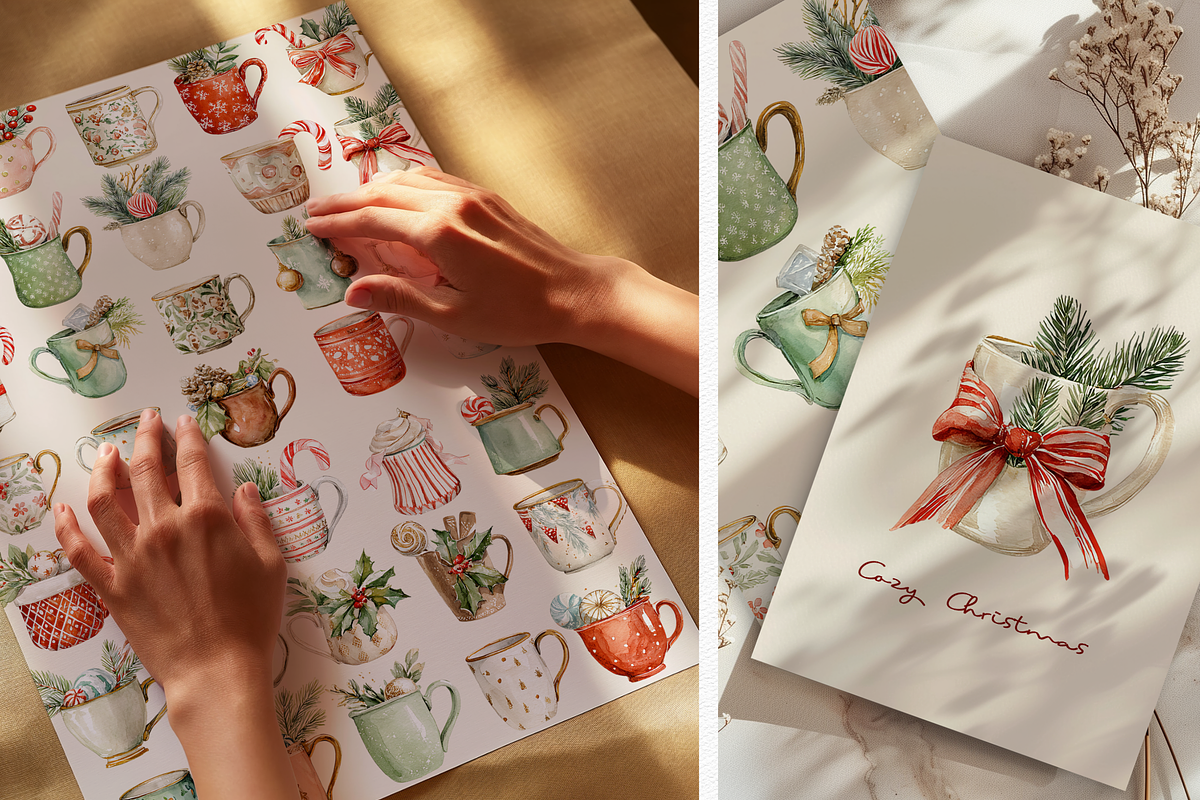 Watercolor Christmas Mugs, a Decorative Illustration by ThaismotaCreativeCo (Photo 2 of 8)