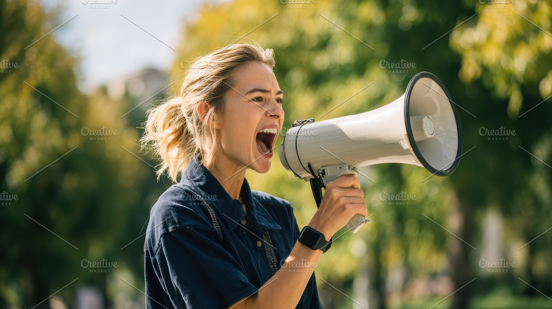 Woman shouting into megaphone outdoo, a Photo by Pixeness Studio