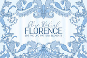 Blue floral FLORENCE- ornament set, a Decorative Illustration by Moonflora (Thumbnail 1 of 8)