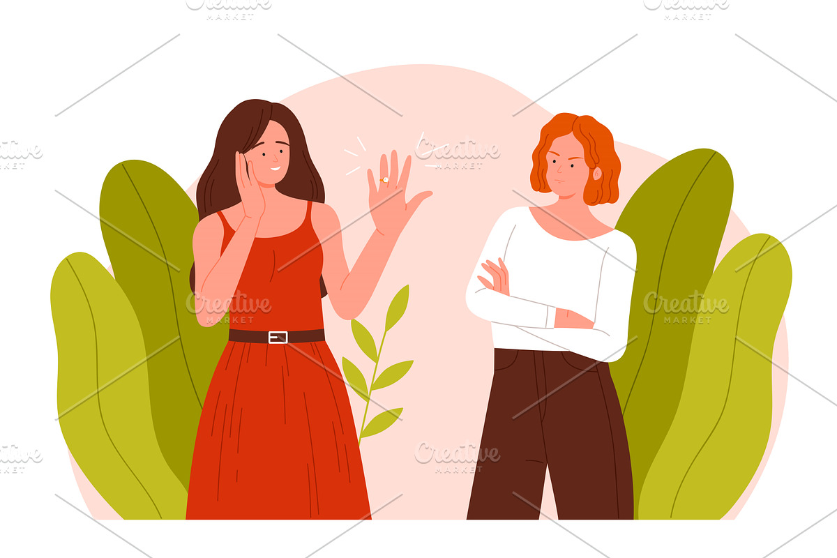 Woman Shows Engagement Ring, Friend, a Person Illustration by Flashvector