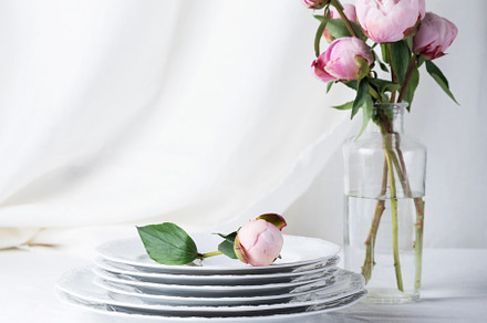 White linen and pink peony