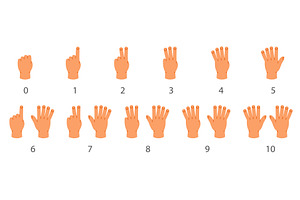 Cartoon hand signs showing numbers 0