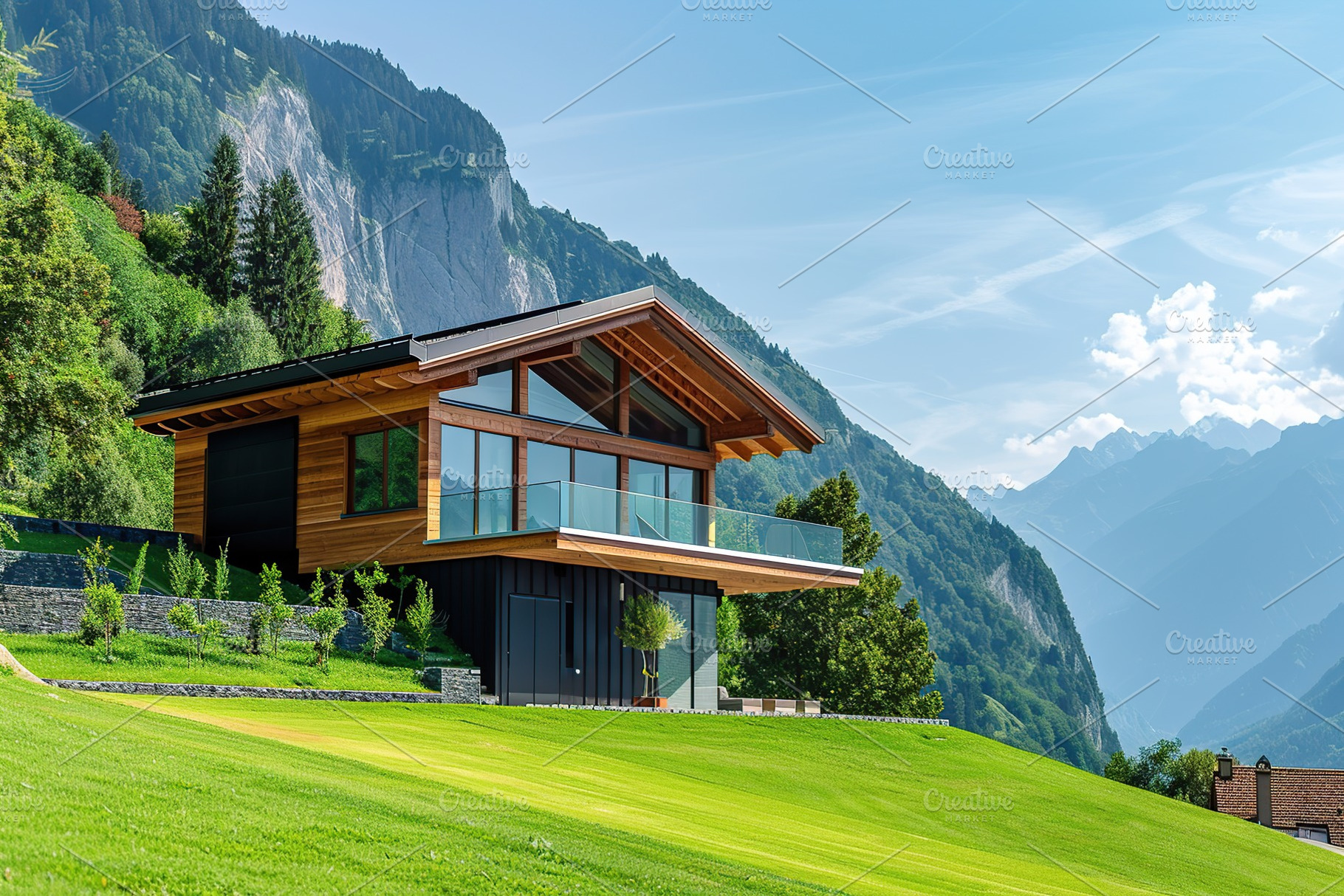Modern swiss chalet with green grass on mountains background, an Architecture Photo by AlyaAnd