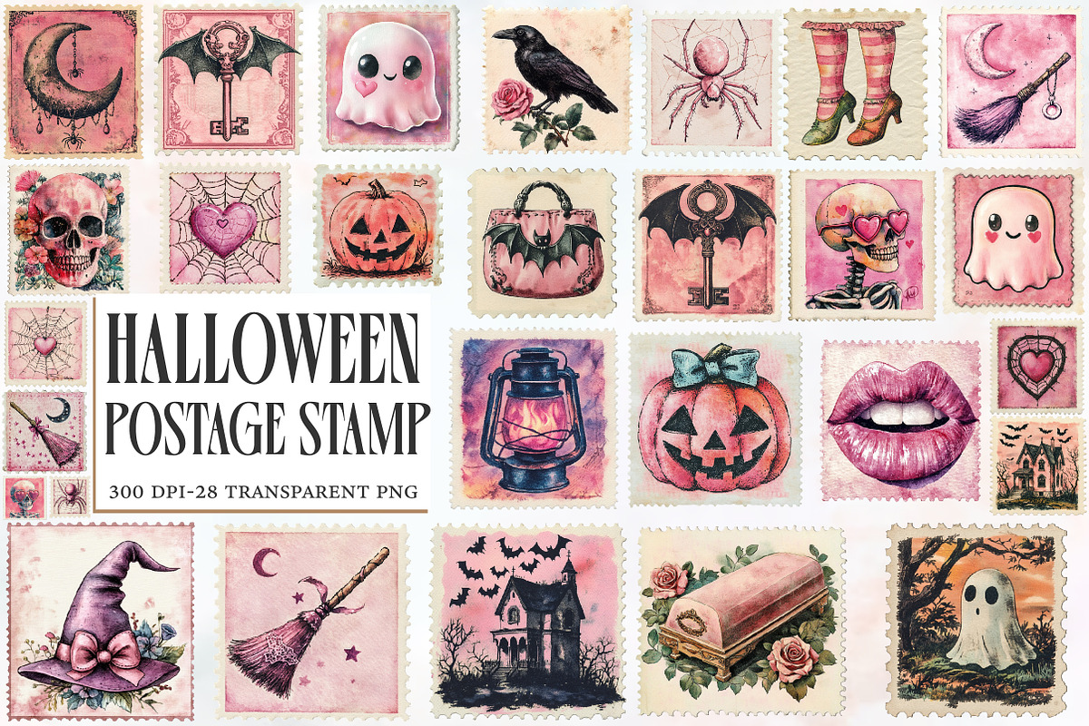 Pink Halloween Postage Stamp Clipart, an Illustration by Designworld (Photo 1 of 5)