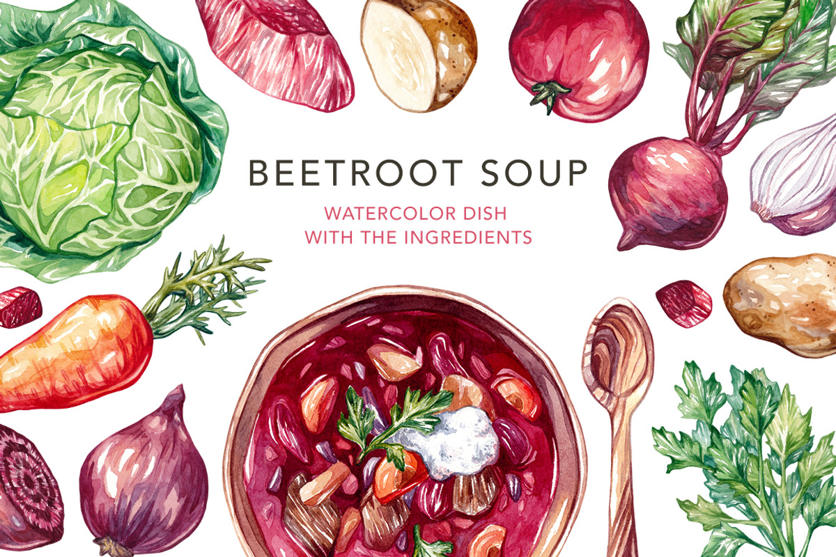 Beetroot Soup+Watercolor Ingredients, an Illustration by Olga Olmix (Photo 1 of 9)