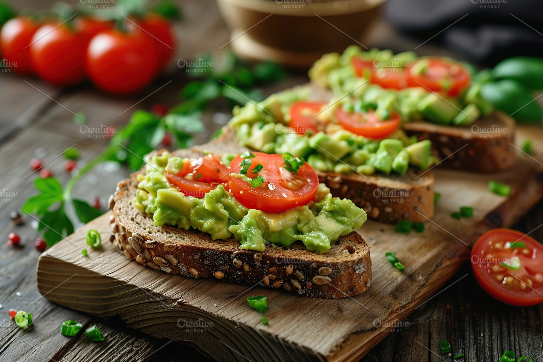 Toast bread with avocado puree and tomatoes on wooden table. Vegetarian food., a Food & Drink Photo by AlyaAnd