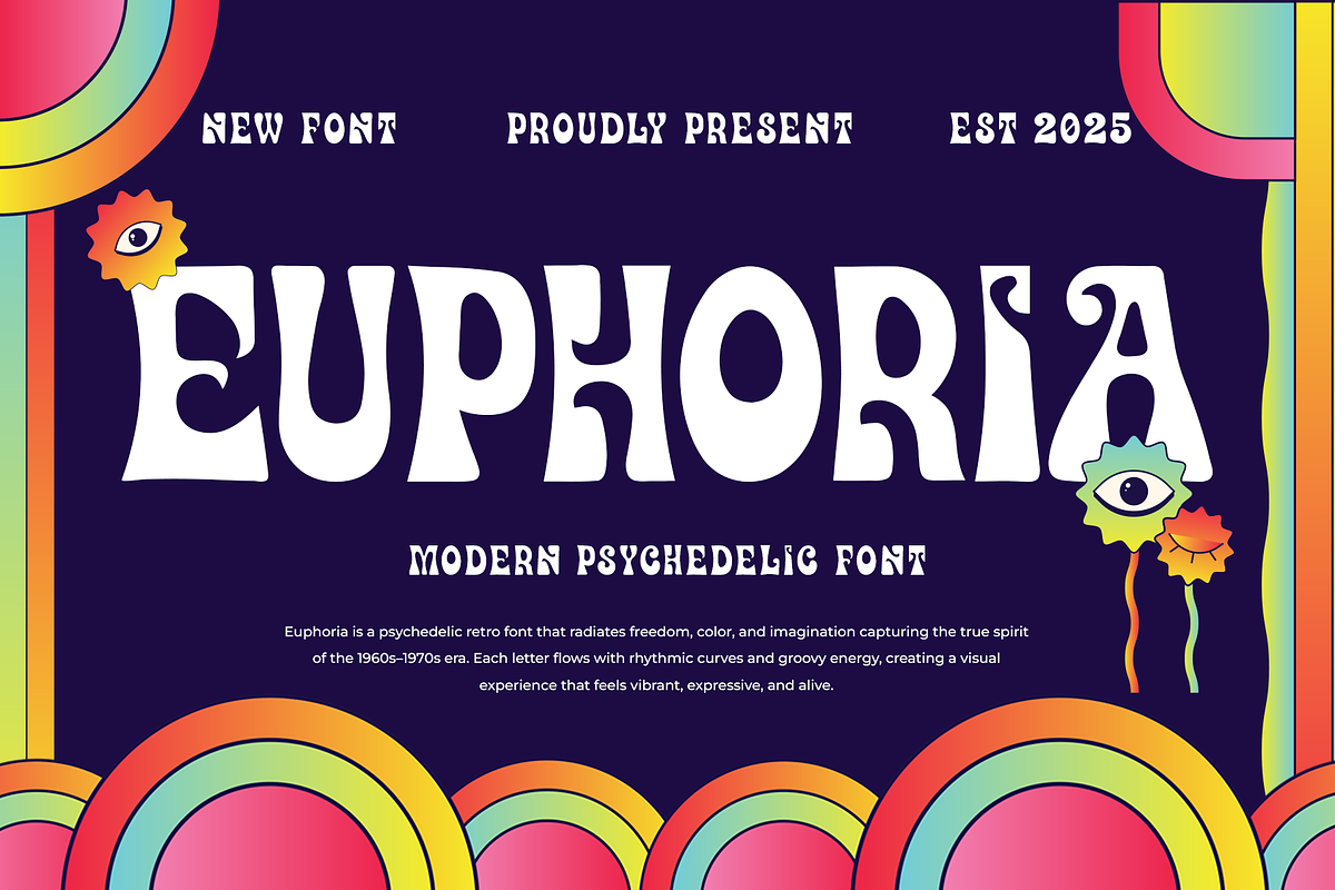 Euphoria–Modern Psychedelic Display, a Handwritten Font by overlaytemplates (Photo 1 of 5)