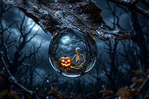 Skeleton and Pumpkin Dark Forest, a Holiday Photo by Rafoz
