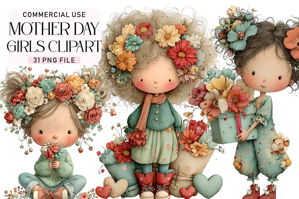 Whimsical Mother Day Girls Clipart, an Illustration by Daily.Designs (Photo 1 of 5)