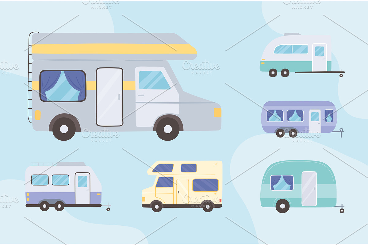 camping trailer and van, a Transportation Illustration by studiogstock