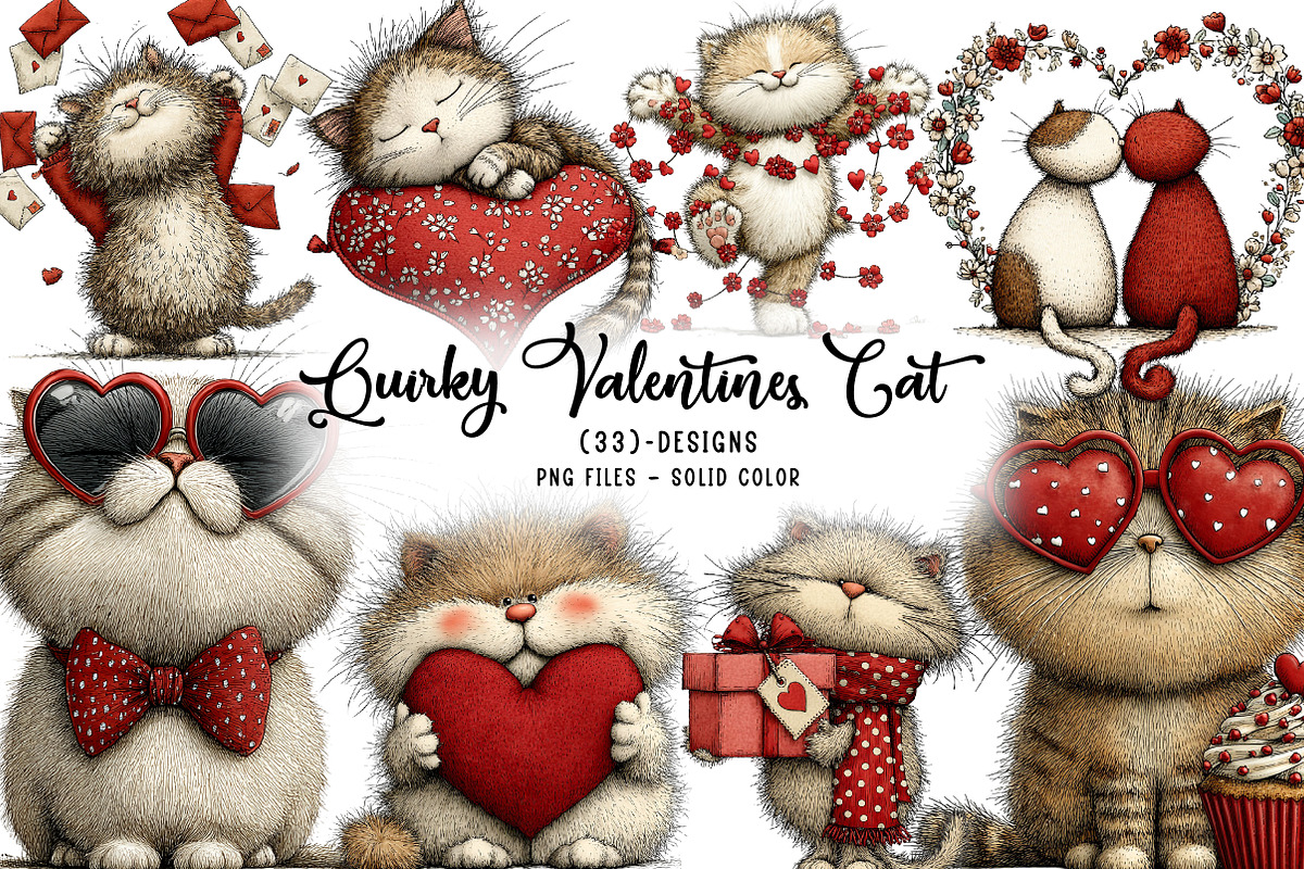 Quirky valentines cats clipart, an Illustration by CreationArt (Photo 1 of 6)