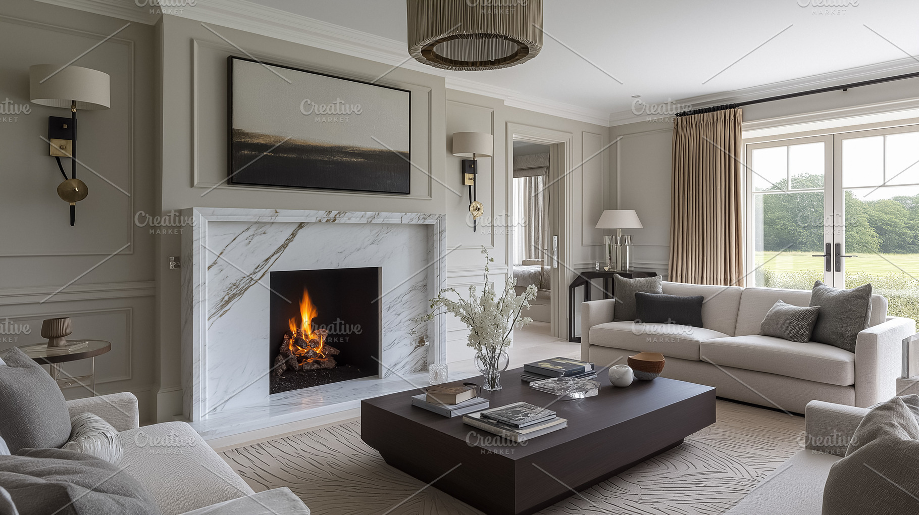 Elegant living room interior with modern fireplace, luxurious furniture, and na, an Architecture Photo by Studio ANNA