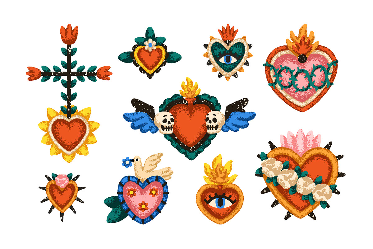 Vintage sacred Mexican hearts set, a Decorative Illustration by Good Studio (Photo 2 of 10)