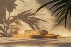 Wooden Display Pedestal with Leaf Shadows, an Abstract Photo by Natalia Klenova's Shop