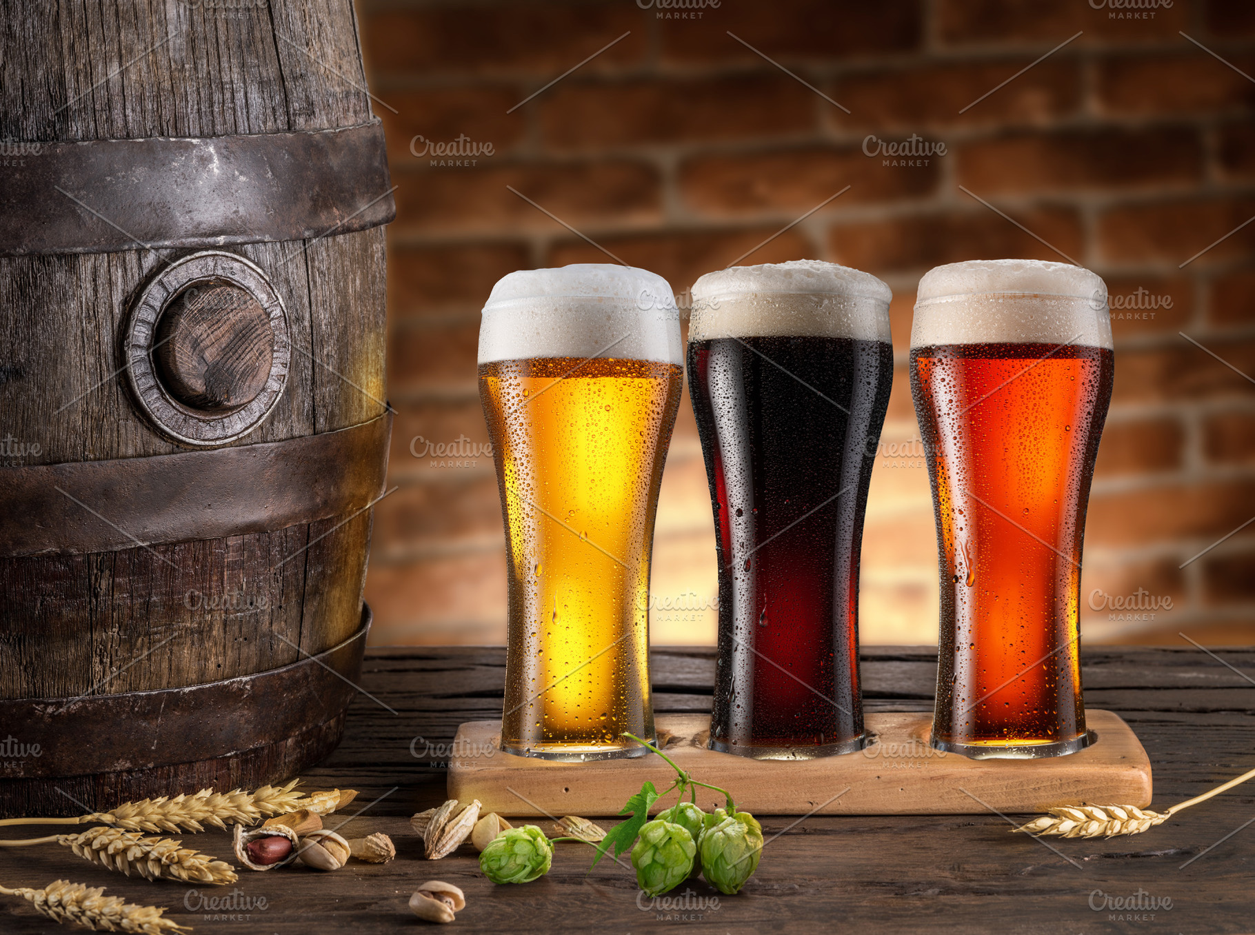 Three chilled glasses beer, a Food & Drink Photo by Volff