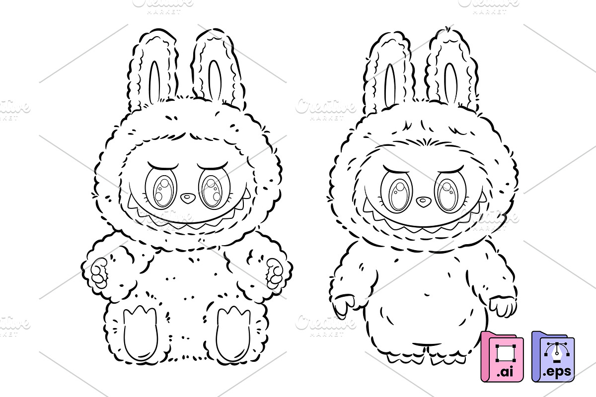 Black Outline Labubu Coloring Page, an Animal Illustration by MISS CHATZ