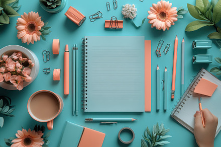 Bright workspace with teal and orang, a Photo by Tanuart